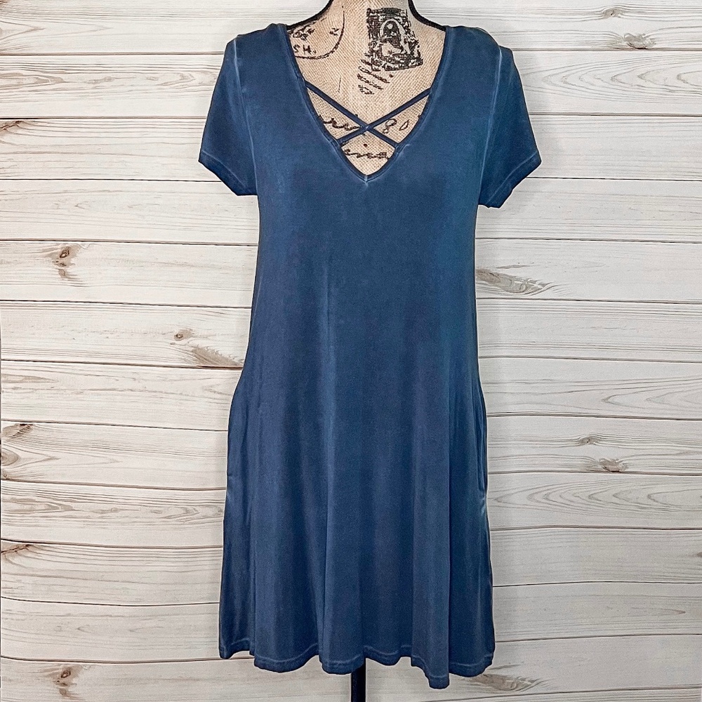 Blue Criss-Cross Neckline Dress with Pockets - NWOT
